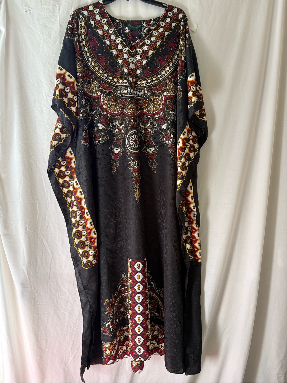 Ashro Black V-Neck Caftan-Black and Burgundy